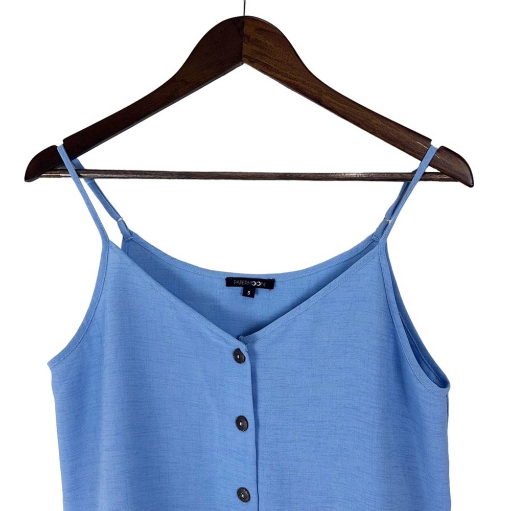 NWOT. Papermoon Blue Button-Front Ruffle Hem Tank Top - Picture 2 of 10